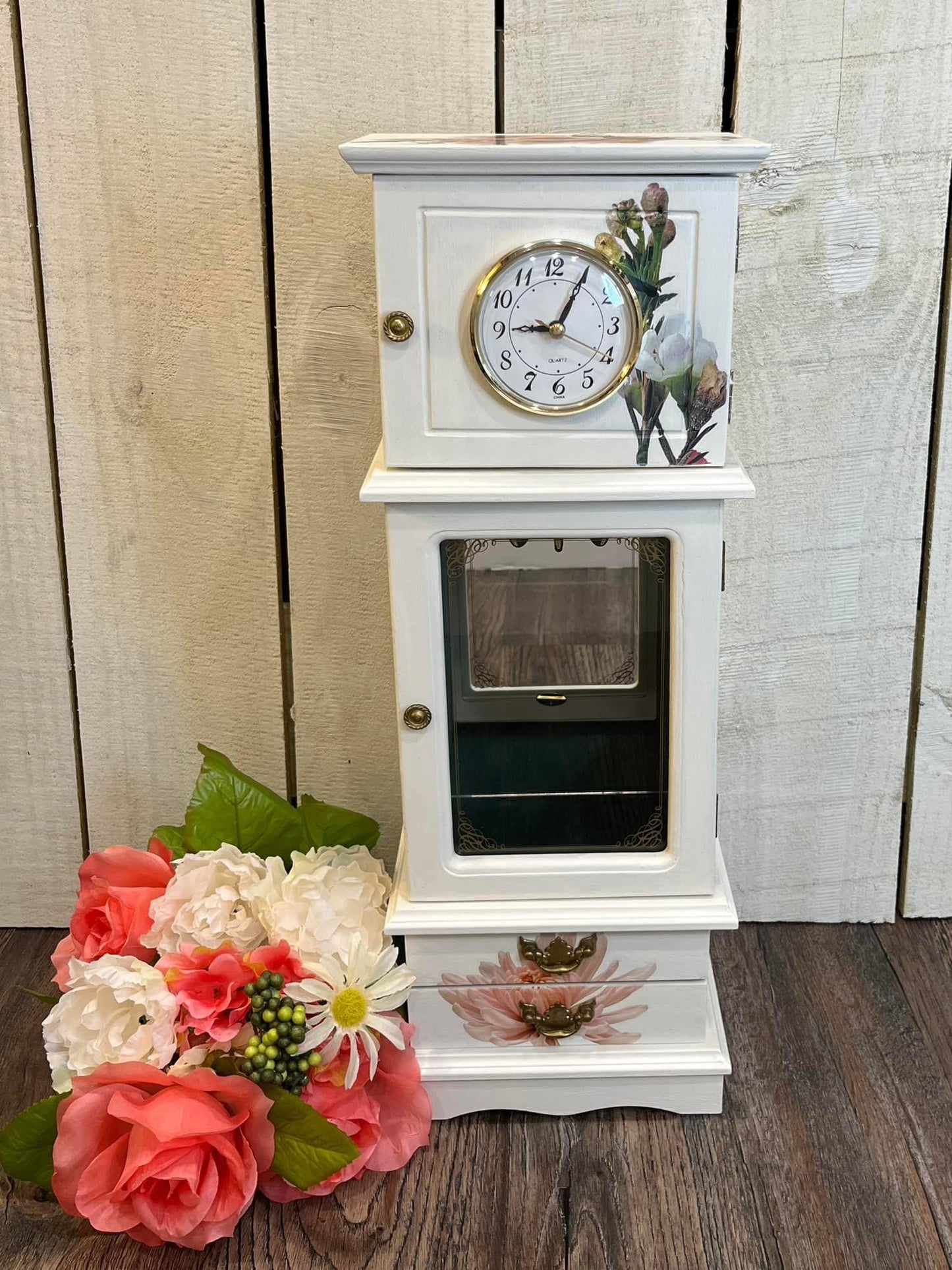 White Refurbished Jewelry Box with Clock