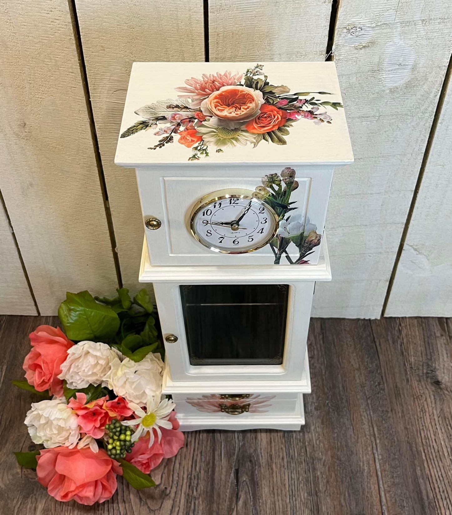 White Refurbished Jewelry Box with Clock