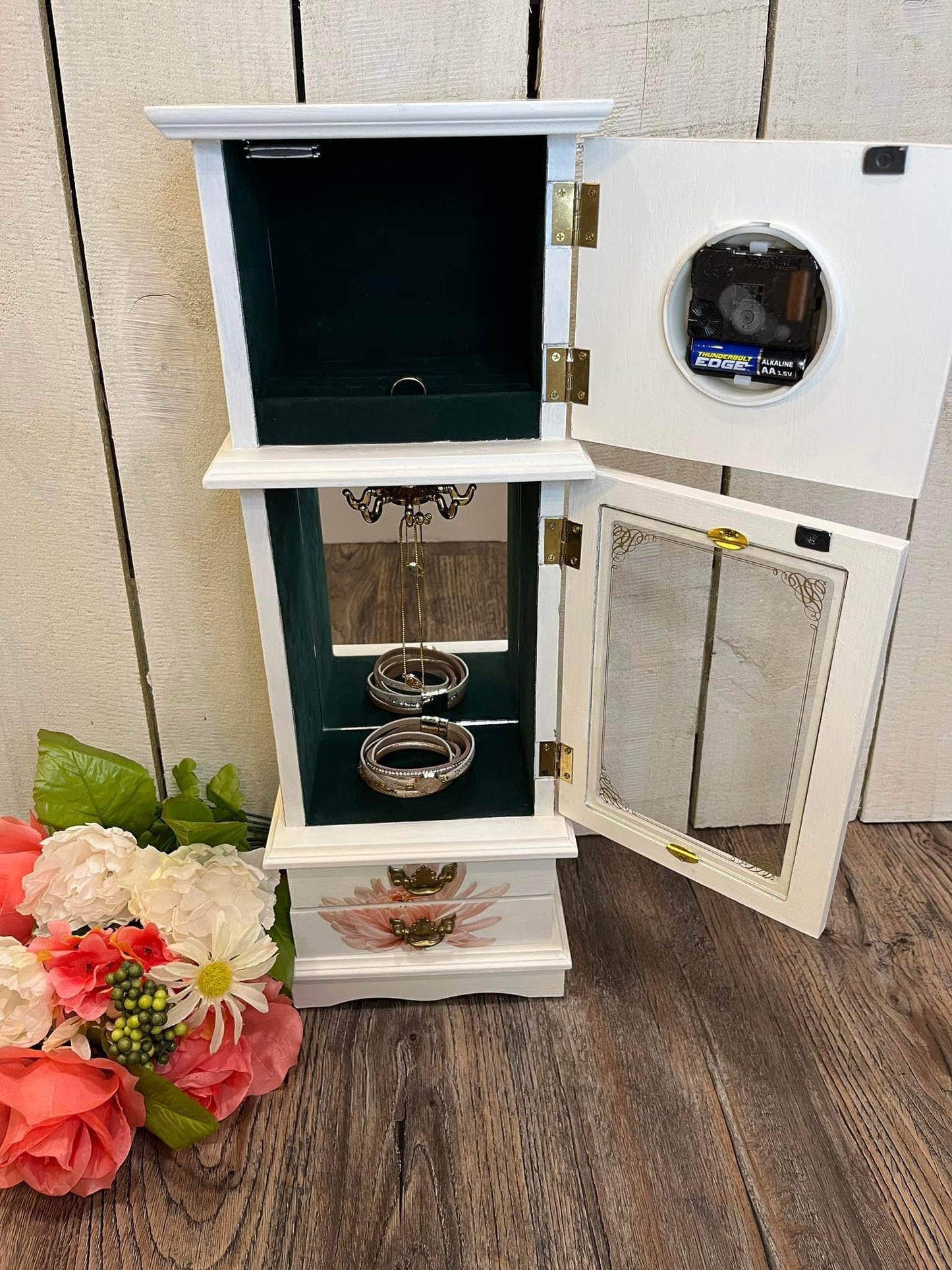 White Refurbished Jewelry Box with Clock