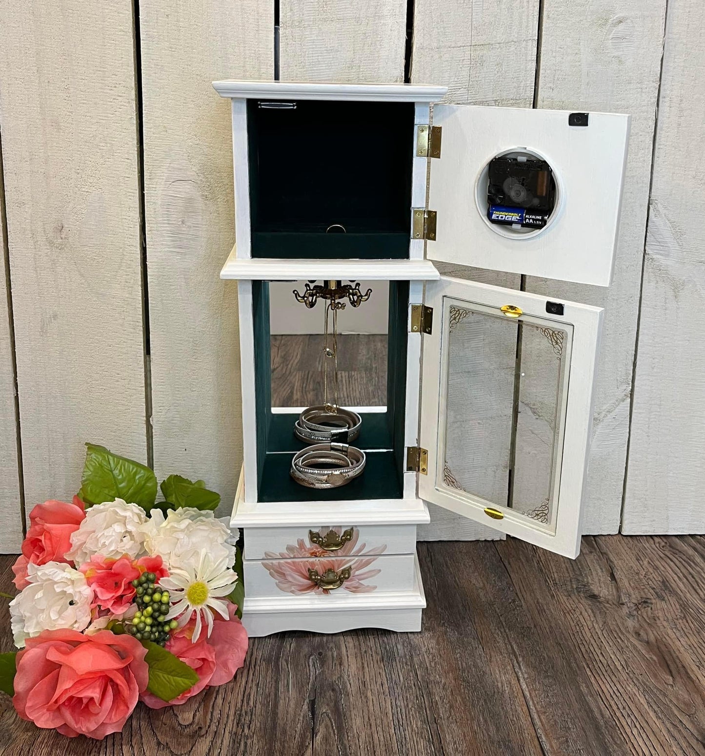 White Refurbished Jewelry Box with Clock