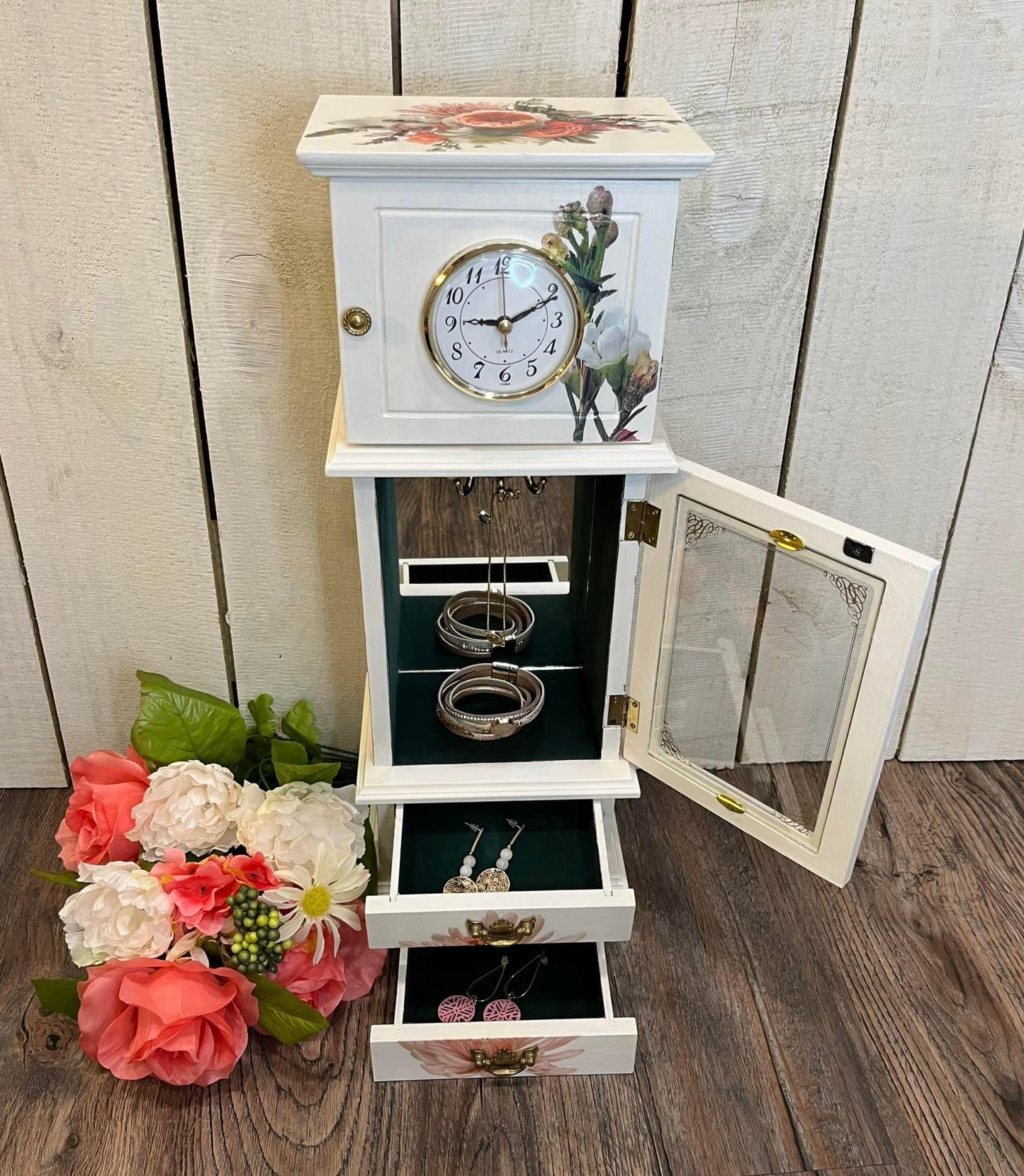 White Refurbished Jewelry Box with Clock