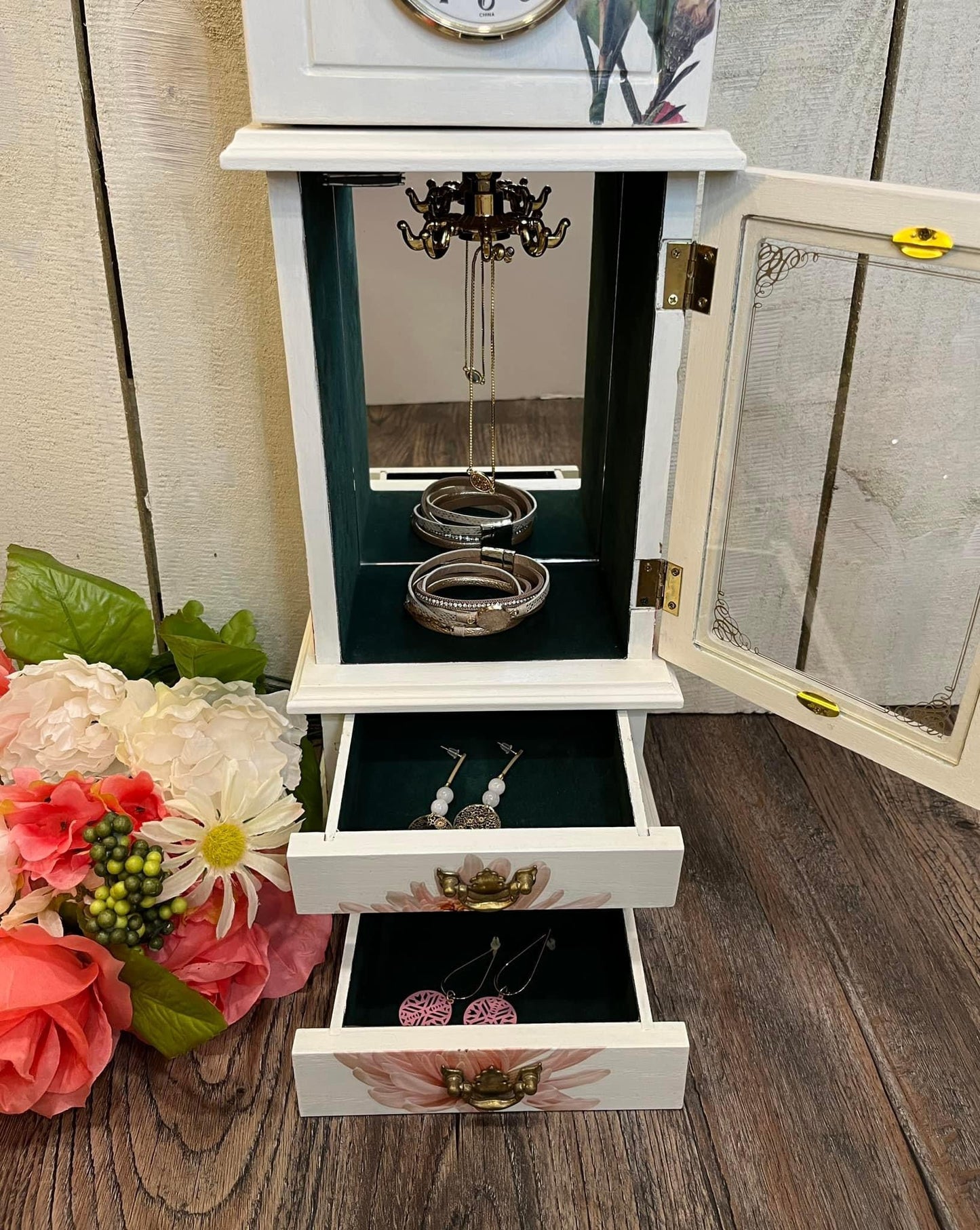 White Refurbished Jewelry Box with Clock